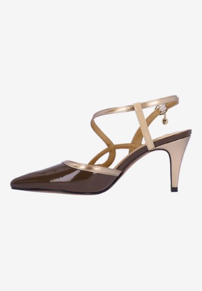 Left side view of Aldonsa BROWN/CHAMPAGNE/NUDE PATENT