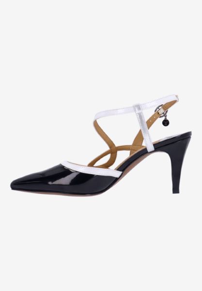 Left side view of Aldonsa BLACK/WHITE/SILVER PATENT