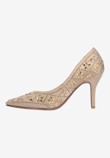 Left side view of Barlow BEIGE SATIN/RHINESTONES
