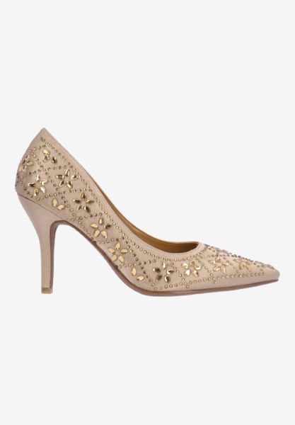 Right side view of Barlow BEIGE SATIN/RHINESTONES