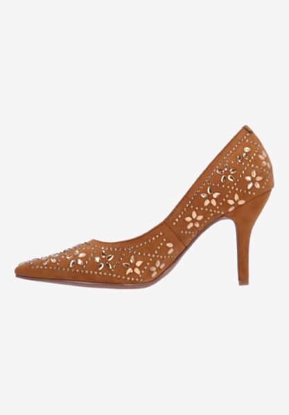 Left side view of Barlow COFFEE SUEDE/RHINESTONES