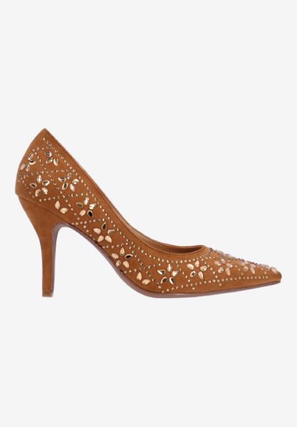 Right side view of Barlow COFFEE SUEDE/RHINESTONES