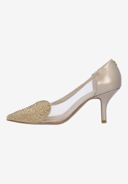 Left side view of Coopid BEIGE PATENT/SATIN/MESH