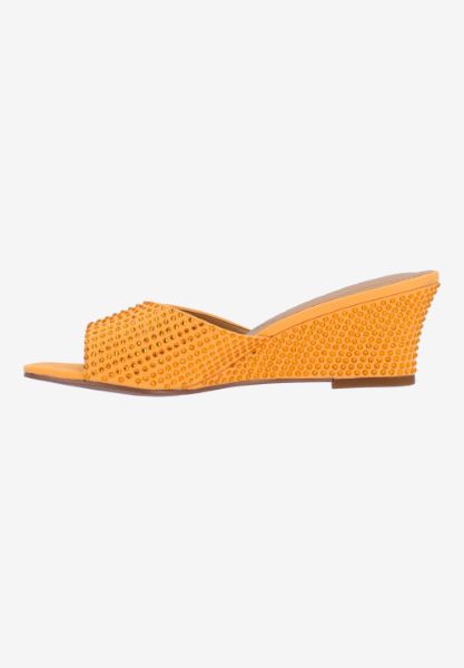 Left side view of Coralie TANGERINE SATIN/STONES