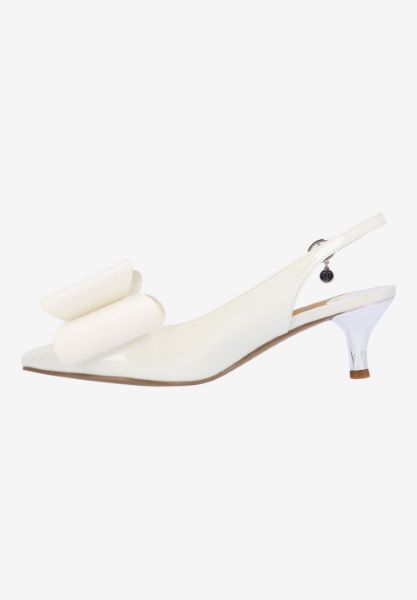 Left side view of Delmare WHITE PATENT/GROSGRAIN