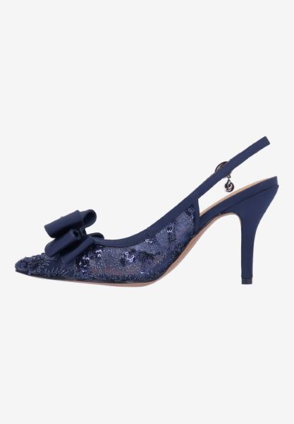 Left side view of Deloris NAVY SEQUIN MESH/SATIN