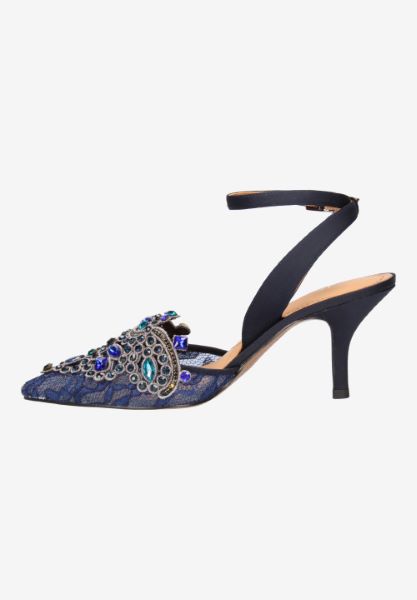 Left side view of Desdemona NAVY FLORAL LACE