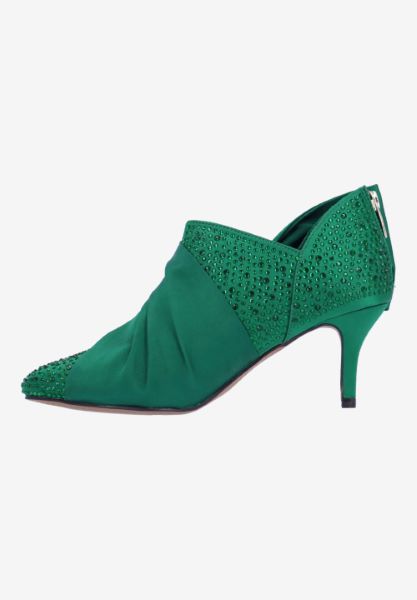 Left side view of Elettra EMERALD GREEN SATIN/RHINESTONE
