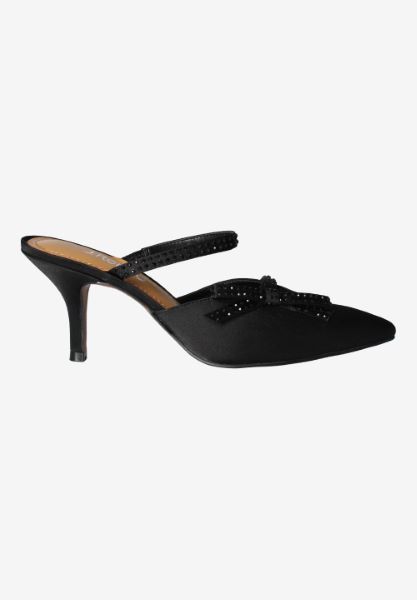 Right side view of Estelia BLACK SATIN/RHINESTONES
