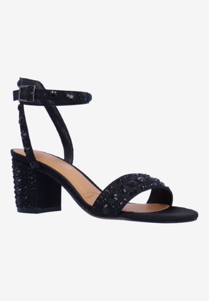 Front view of Evelina BLACK SATIN/RHINESTONES