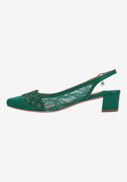 Left side view of Faleece EMERALD GREEN SATIN/LACE