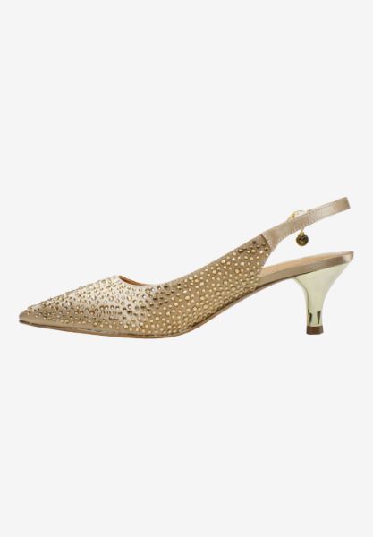 Left side view of Ferryanne BEIGE SATIN/RHINESTONES