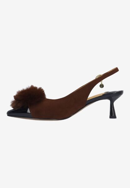 Left side view of Hevina BROWN/BLACK SUEDE/PATENT