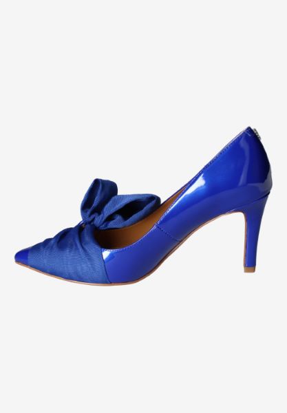 Left side view of Hirisha COBALT PATENT/GROSGRAIN