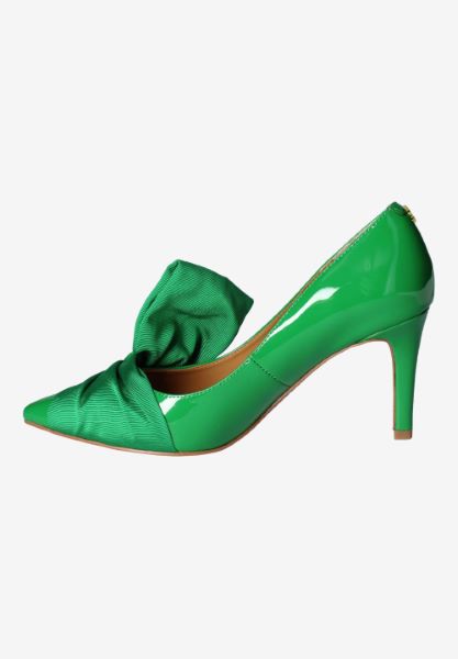 Left side view of Hirisha GREEN PATENT/GROSGRAIN