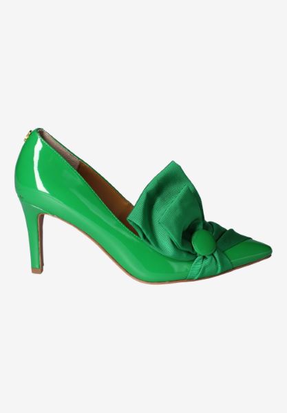 Right side view of Hirisha GREEN PATENT/GROSGRAIN
