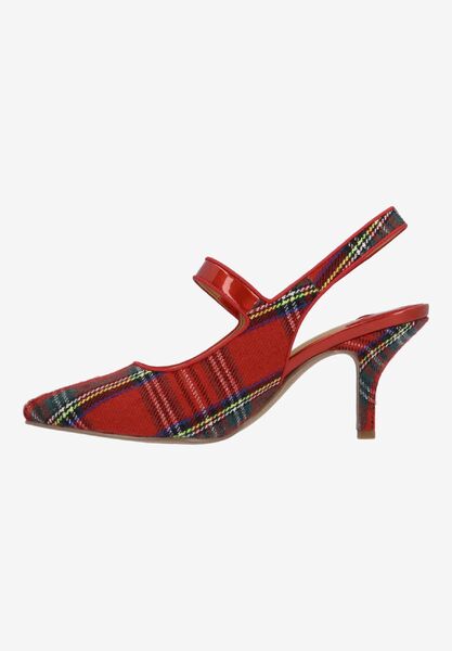 Left side view of Jasira RED MULTI PLAID/PATENT