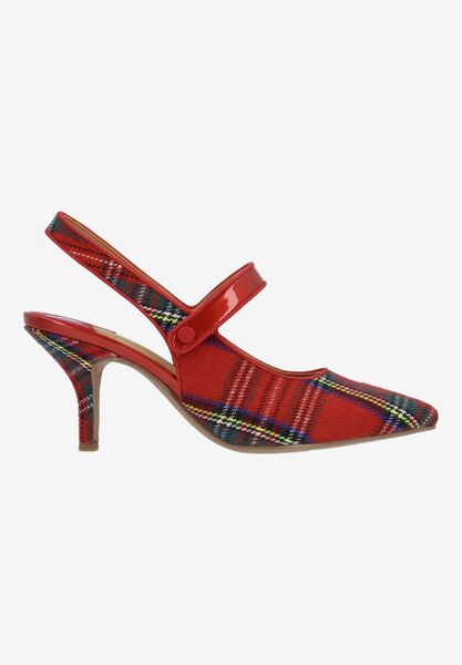 Right side view of Jasira RED MULTI PLAID/PATENT