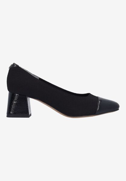 Right side view of Javelle BLACK STRETCH KNIT/PATENT