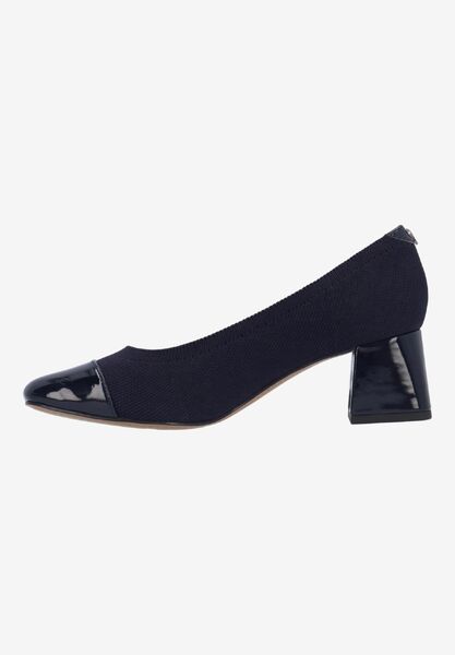 Left side view of Javelle NAVY STRETCH KNIT/PATENT