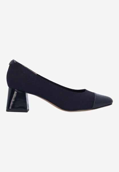 Right side view of Javelle NAVY STRETCH KNIT/PATENT