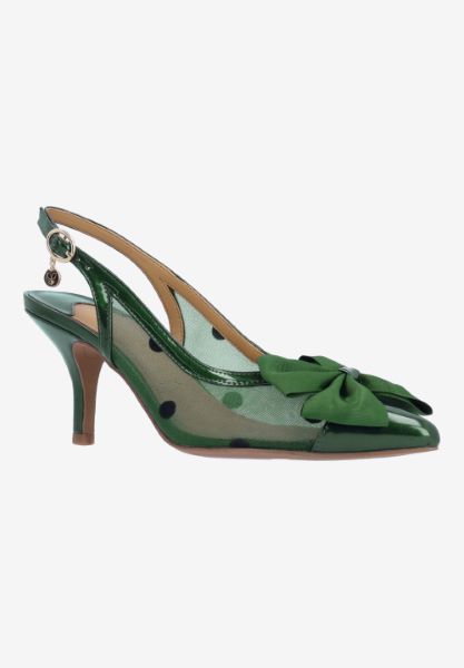 Front view of Kadence GREEN PATENT/POLKA DOT MESH