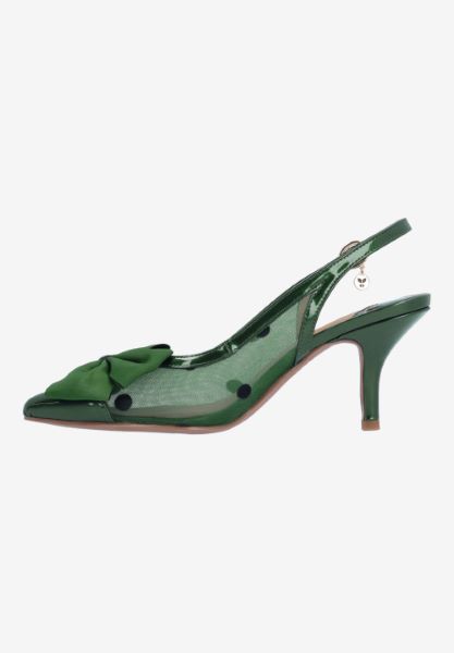 Left side view of Kadence GREEN PATENT/POLKA DOT MESH