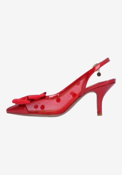 Left side view of Kadence RED PATENT/POLKA DOT MESH