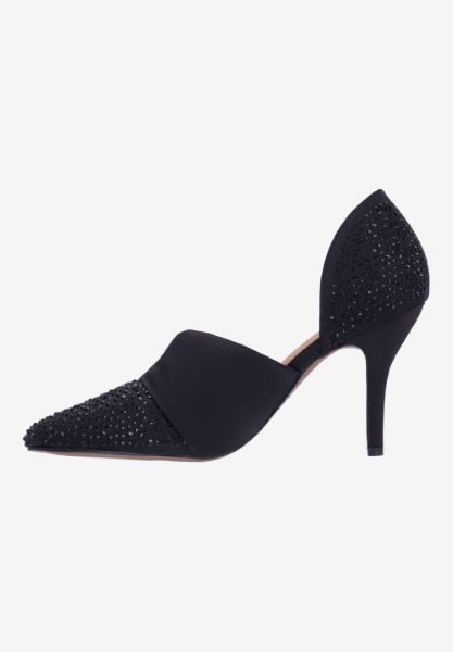 Left side view of Kaleena BLACK SATIN/RHINESTONES