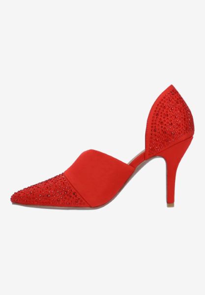 Left side view of Kaleena RED SATIN/RHINESTONES