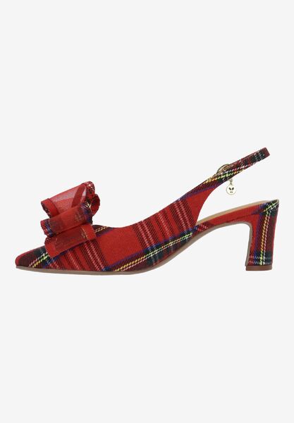 Left side view of Kalindra RED MULTI PLAID