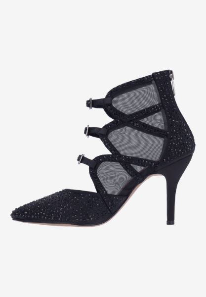 Left side view of Katarina BLACK SATIN/RHINESTONES
