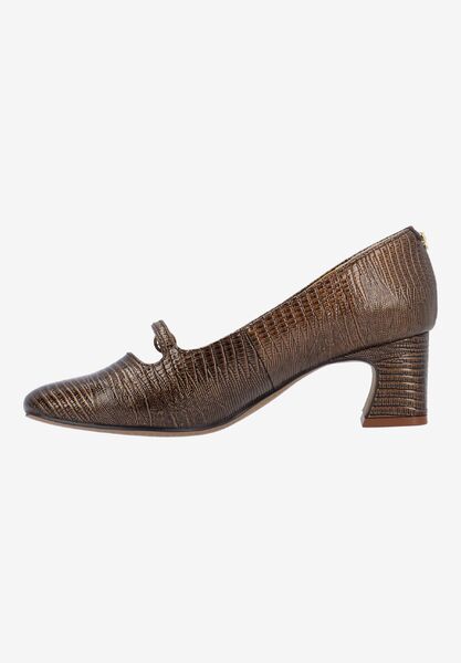 Left side view of Kavira COGNAC LIZARD EMBOSSED