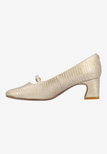 Left side view of Kavira PEARL BEIGE LIZARD EMBOSSED