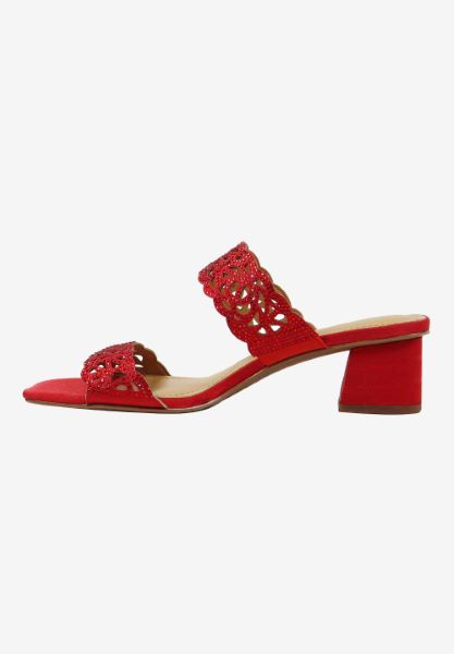 Left side view of Keetana RED SATIN/STONES