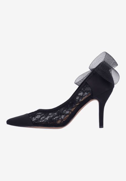 Left side view of Khrystie BLACK FLORAL MESH/SATIN