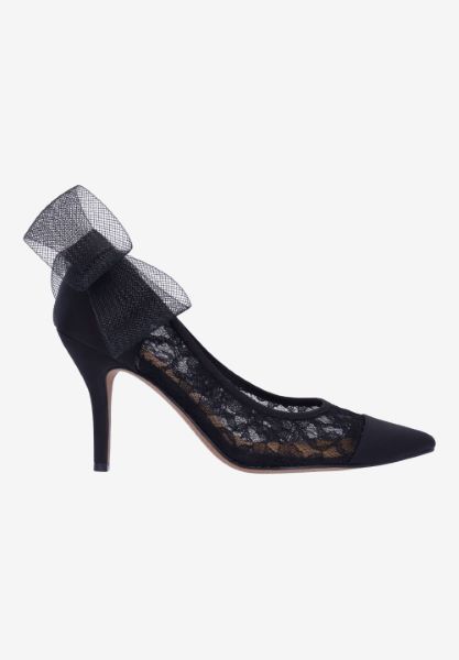 Right side view of Khrystie BLACK FLORAL MESH/SATIN