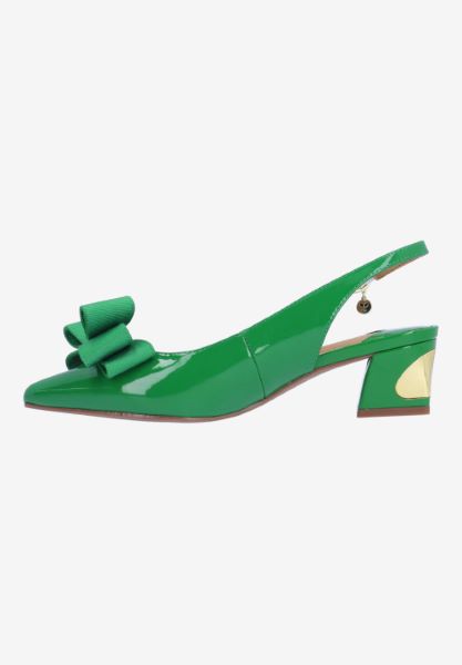 Left side view of Kimma GREEN PATENT/GROSGRAIN