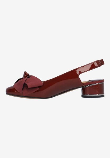Left side view of Lazule CRANBERRY PATENT/GROSGRAIN