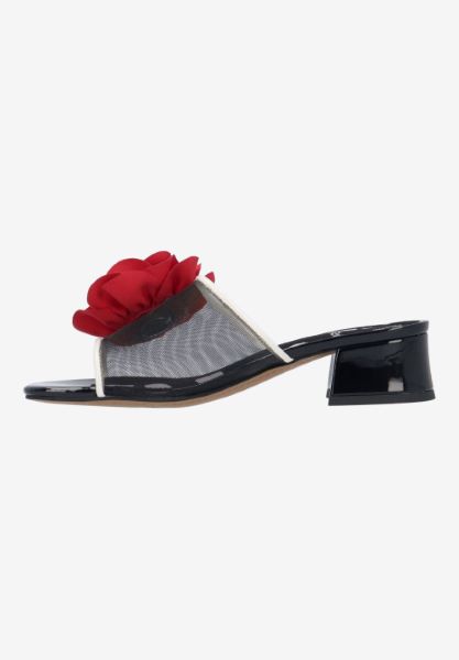 Left side view of Myla BLACK/WHITE/RED MESH/SATIN