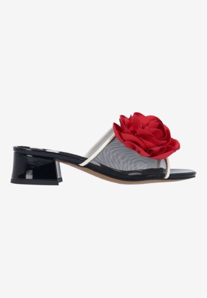 Right side view of Myla BLACK/WHITE/RED MESH/SATIN