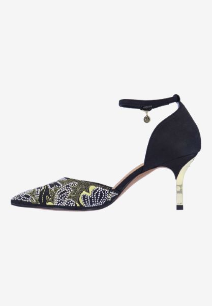 Left side view of Payten BLACK SHANTUNG/GOLD