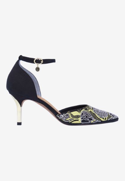 Right side view of Payten BLACK SHANTUNG/GOLD