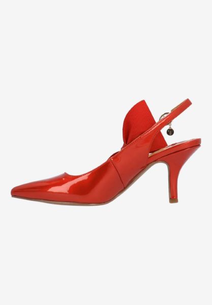 Left side view of Rowin RED PATENT/GROSGRAIN