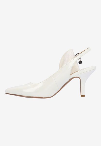 Left side view of Rowin WHITE PATENT/GROSGRAIN