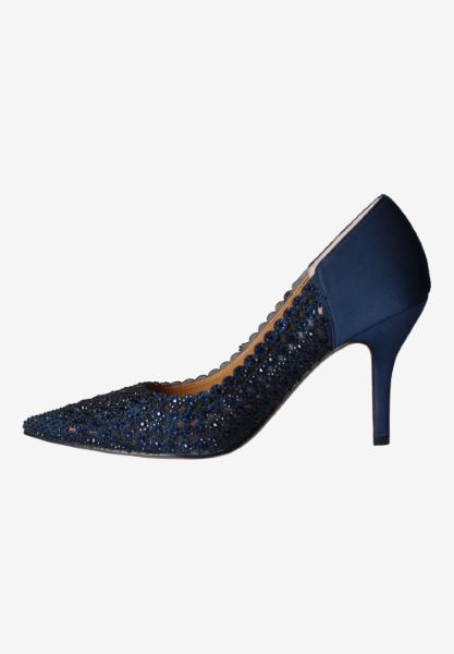 Left side view of Sesily NAVY SATIN/RHINESTONES