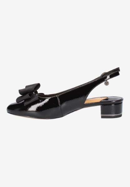 Left side view of Tanay BLACK PATENT/GROSGRAIN