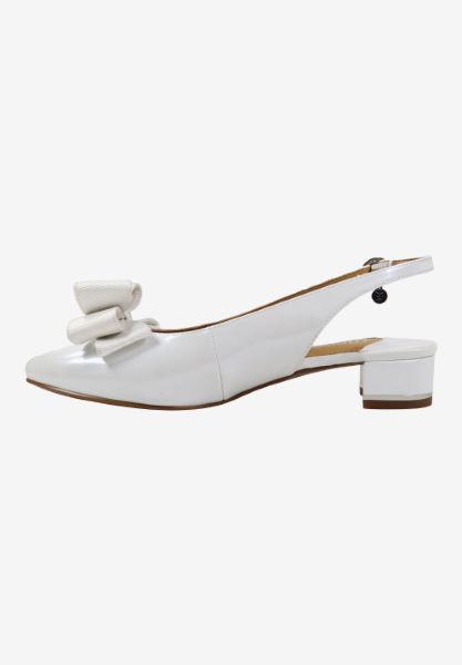 Left side view of Tanay WHITE PATENT/GROSGRAIN