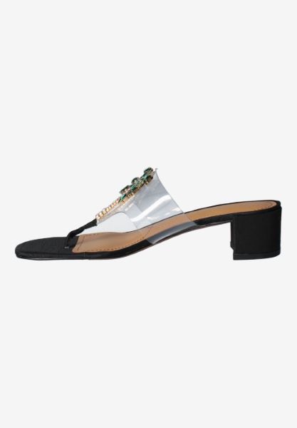 Left side view of Tarianna CLEAR/BLACK SHANTUNG
