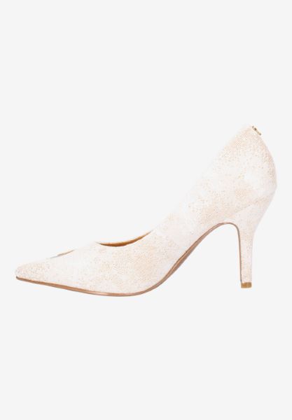 Left side view of Tassanie WHITE/GOLD GLITTER LINEN
